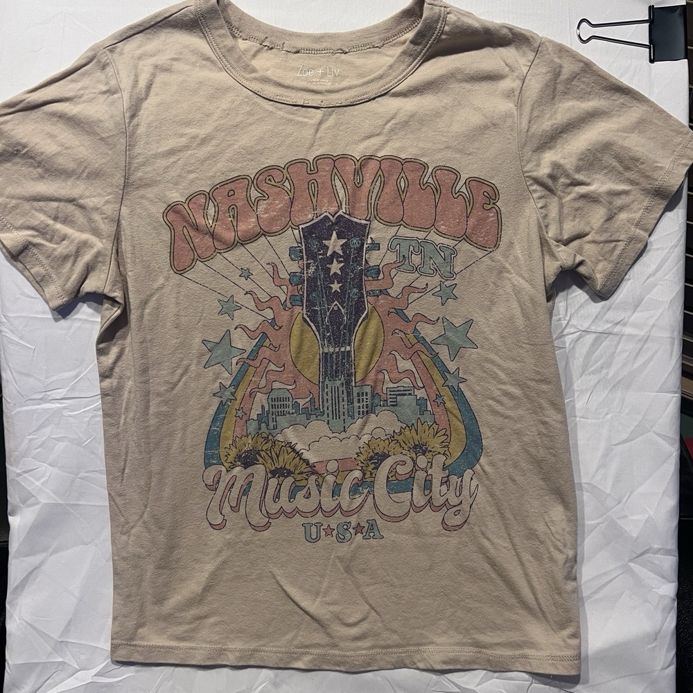 Zoe + Liv Women's Tan T-shirt Nashville Music City U.S.A Size Small Short Sleeve